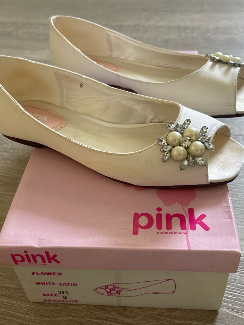 pink paradox London Ivory Satin Peep-Toe Flats with Pearl & Crystal Flower
